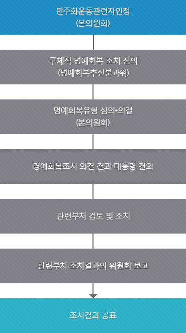 민주화운동관련자인정(본의원회)→구체적 명예회복 조치 심의(명예회복추진분과위)→명예회복유형 심의•의결(본의원회)→명예회복조치 의결 결과 대통령 건의→관련부처 검토 및 조치→관련부처 조치결과의 위원회 보고→조치결과 공표